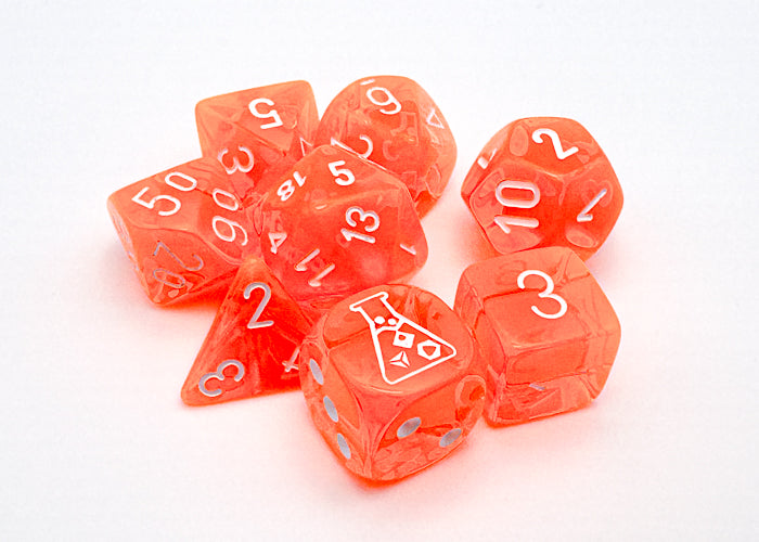 Translucent Neon Orange/white Polyhedral 7-Dice Set (with bonus die)