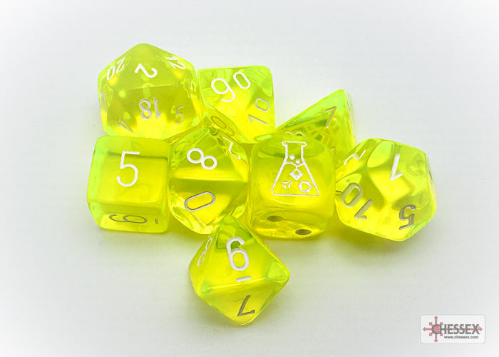 Translucent Neon Yellow/white Polyhedral 7-Dice Set (with bonus die)