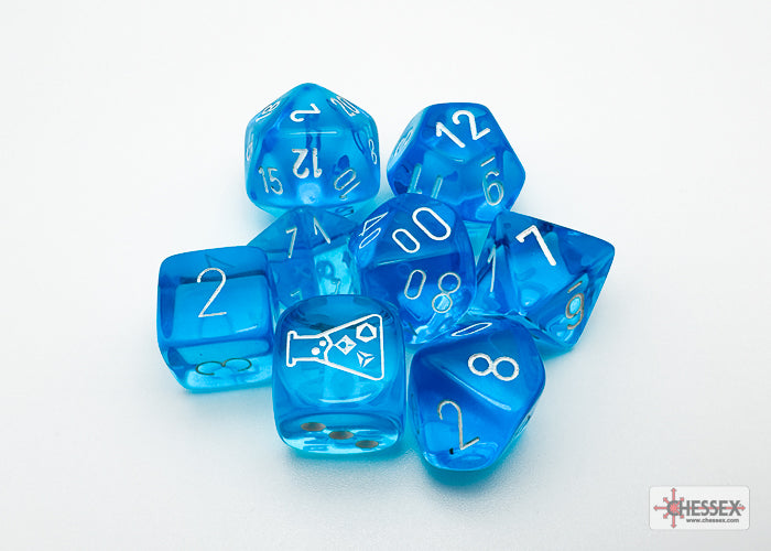 Translucent Tropical Blue/white Polyhedral 7-Dice Set (with bonus die)