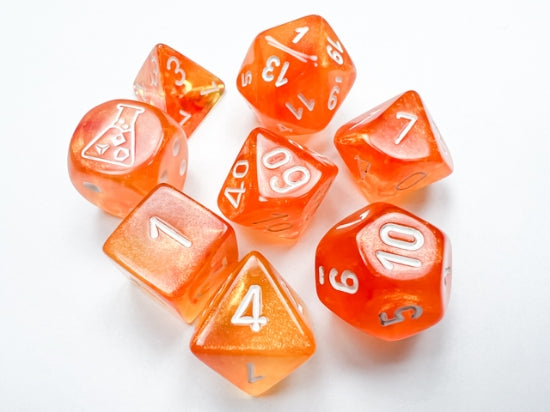 Borealis Blood Orange/white Luminary Polyhedral 7-Dice Set (with bonus die)