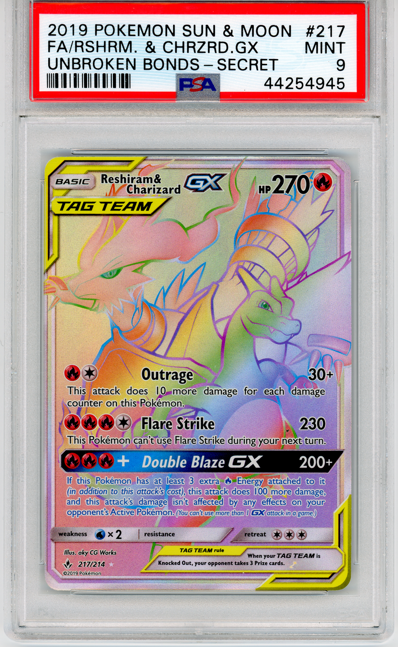 PSA 9 2019 SUN & MOON FA/ RESHIRAM & CHARIZARD GX - SECRET