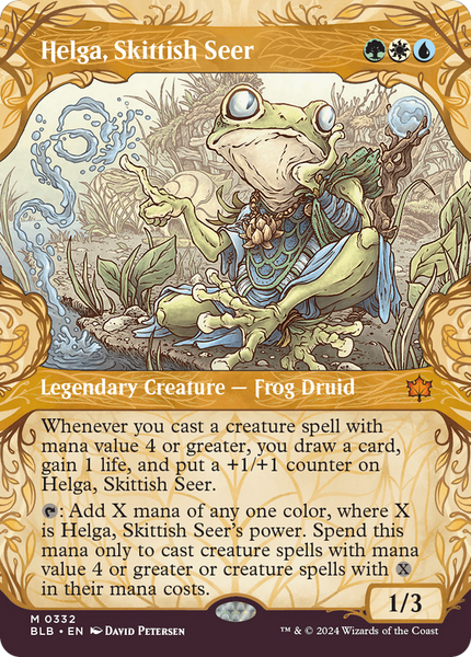 mtg whenever you cast a creature spell draw a card Helga, Skittish Seer (Showcase) [Bloomburrow]