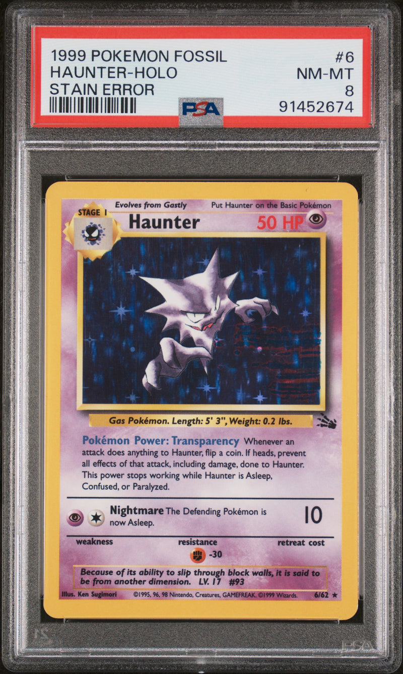 PSA 8 1999 FOSSIL HAUNTER - HOLO - STAIN ERROR