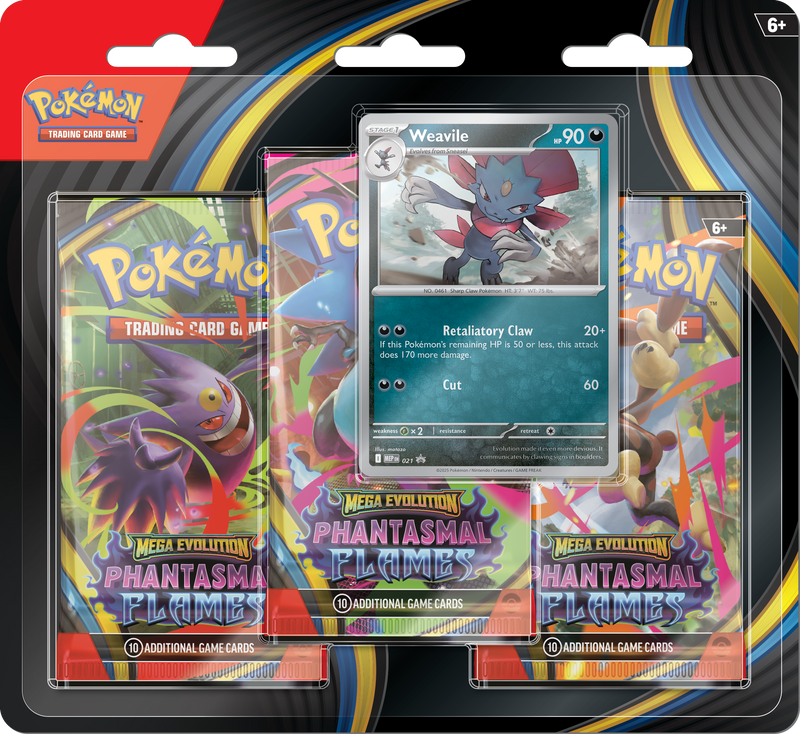 Pokémon TCG: Mega Evolution - Phantasmal Flames | Three-Booster Blister Pack - Weavile Promo Card