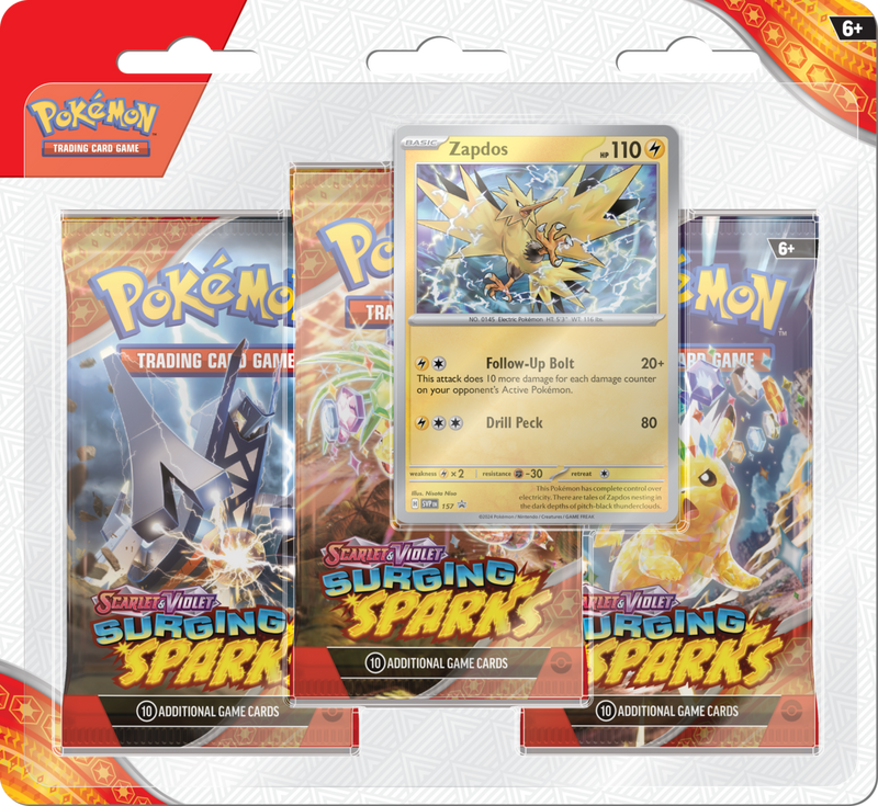 Pokémon TCG: Scarlet & Violet - Surging Sparks |  Three Booster Blister Pack - Zapdos Promo