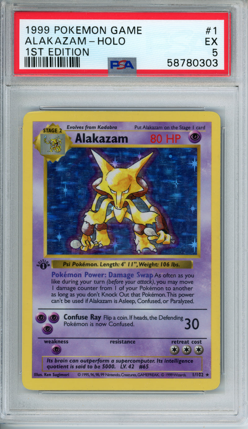 PSA 5 1999 ALAKAZAM - HOLO - 1ST EDITION SHADOWLESS